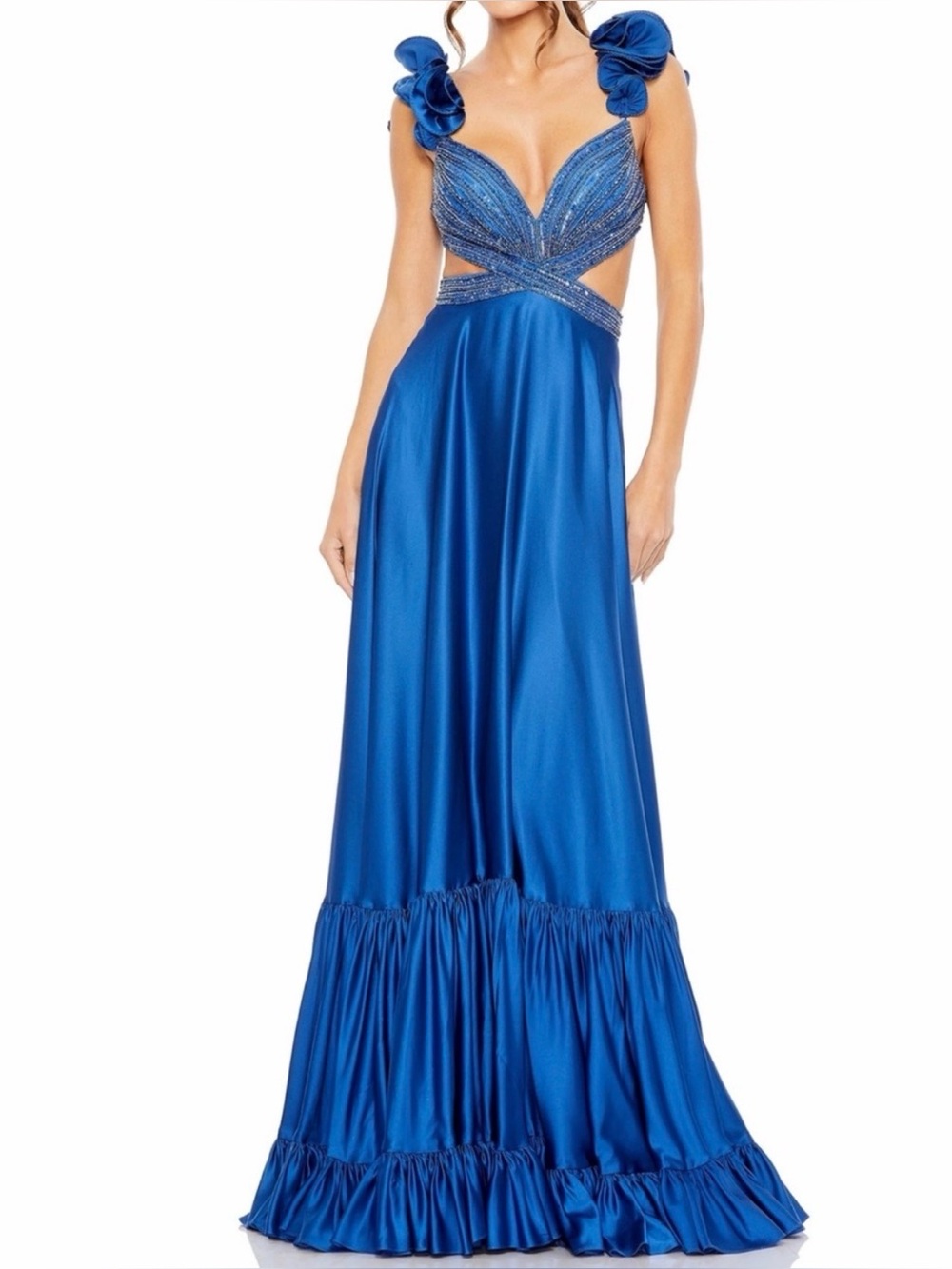 NWT MAC DUGGAL 50681 Royal Blue BEADED SEQUINED RUFFLES Cutout Gown size 4